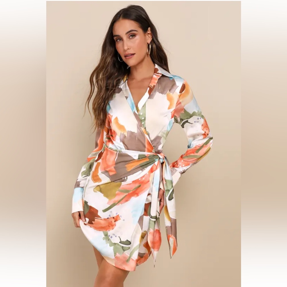 Floral satin wrap mini dress